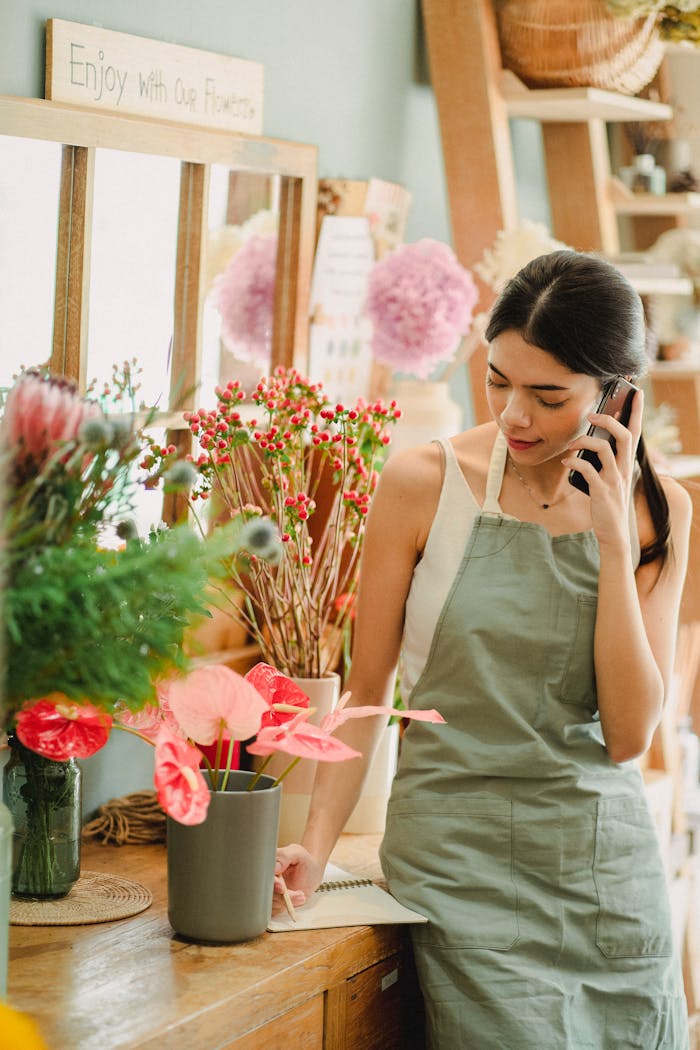 Focused young female florist in apron having conversation on mobile phone and taking notes in notebook while working in modern floristry studio